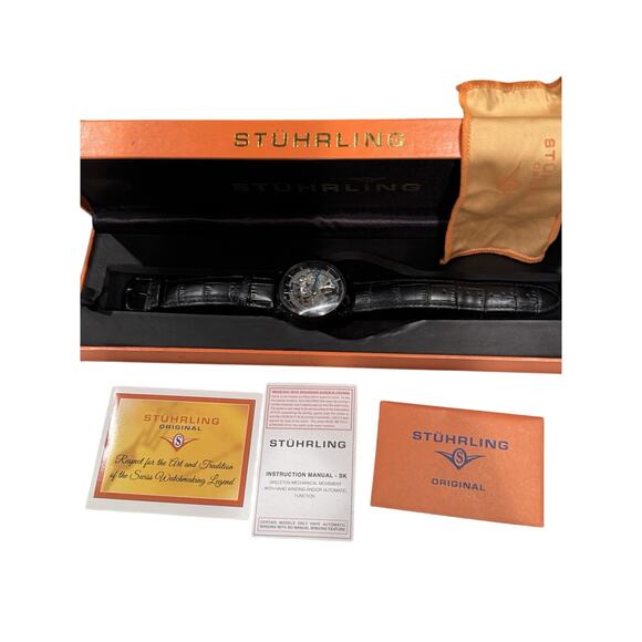 Stuhrling Original Skeleton Black Watch Polished Stainless Steel CAL.ST-90050 - Picture 1 of 6